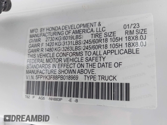 2023 Honda Ridgeline Black Edition with VIN 5FPYK3F88PB018969, listed as a IAAI auction lot 42264424 with 19,193 mi miles and . Bid and sale history available at DreamBid. Image 9.