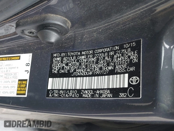 2015 Toyota Prius Four with VIN JTDKN3DU4F1997127, listed as a IAAI auction lot 42194940 with 100,598 mi miles and . Bid and sale history available at DreamBid. Image 9.