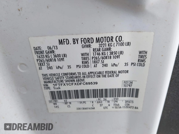 2013 Ford F-150 XL with VIN 1FTFX1CFXDFC69539, listed as a IAAI auction lot 41596646 with 112,098 mi miles. Bid and sale history available at carsss.com. Image 9.