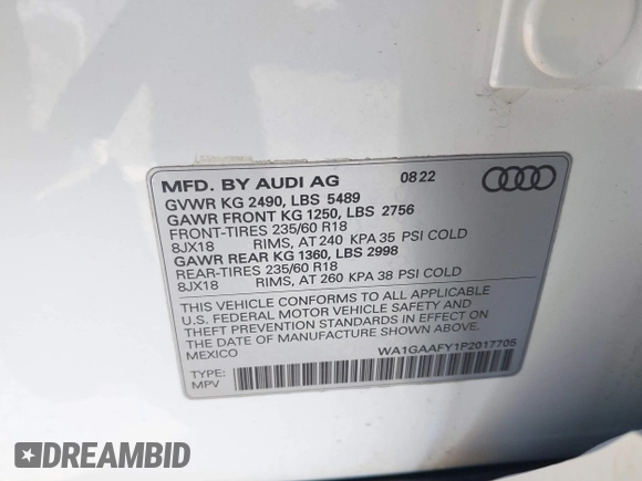 2023 Audi Q5 S line Premium with VIN WA1GAAFY1P2017705, listed as a IAAI auction lot 41747421 with 14,966 mi miles. Bid and sale history available at carsss.com. Image 9.