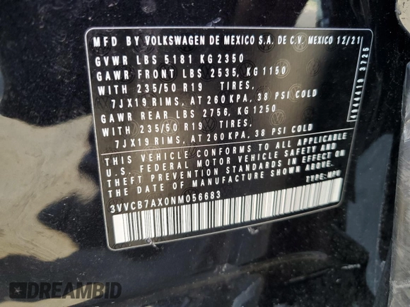 2022 Volkswagen Tiguan SE R-Line Black z VIN 3VVCB7AX0NM056683, wystawiony jako Copart lot #53490225 z przebiegiem 19 993 mil mil oraz Szkoda całkowita • Salvage title. Historia ofert i sprzedaży dostępna na DreamBid. Obrazek 15.