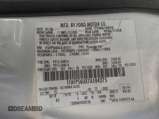 2007 Ford Taurus SEL with VIN 1FAFP56UX7A104275, listed as a IAAI auction lot 42035080 with 106,701 mi miles and . Bid and sale history available at DreamBid. Image 9.