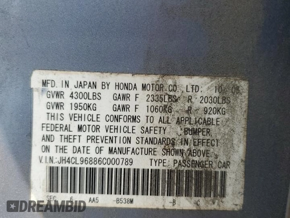 2006 Acura TSX with VIN JH4CL96886C000789, listed as a Copart auction lot 58255645 with 237,659 mi miles and Salvage title. Bid and sale history available at DreamBid. Image 13.