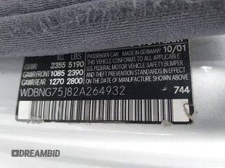 2002 Mercedes-Benz S-Class 5.0L with VIN WDBNG75J82A264932, listed as a IAAI auction lot 41388088 with 195,747 mi miles. Bid and sale history available at carsss.com. Image 9.