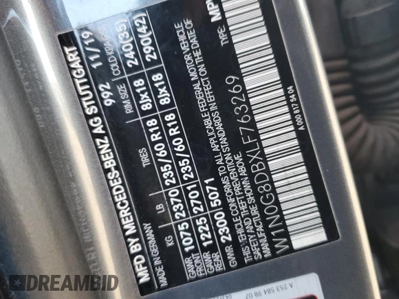 2020 Mercedes-Benz GLC 300 with VIN W1N0G8DBXLF763269, listed as a Copart auction lot 53330685 with 58,342 mi miles and Salvage title. Bid and sale history available at DreamBid. Image 12.