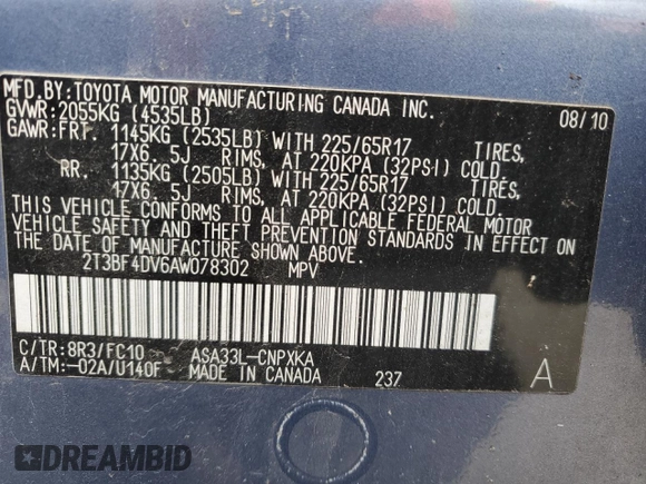 2010 Toyota RAV4 with VIN 2T3BF4DV6AW078302, listed as a Copart auction lot 49816965 with 138,683 mi miles and Salvage Title. Bid and sale history available at carsss.com. Image 12.
