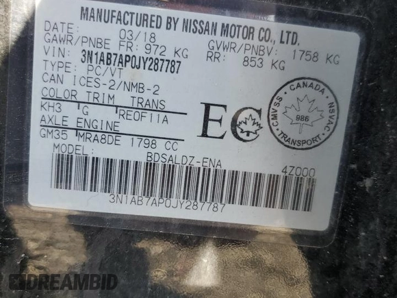 2018 Nissan Sentra SR z VIN 3N1AB7AP0JY287787, wystawiony jako Copart lot #58650845 z przebiegiem 256 639 mil mil oraz Szkoda całkowita • Salvage title. Historia ofert i sprzedaży dostępna na DreamBid. Obrazek 13.