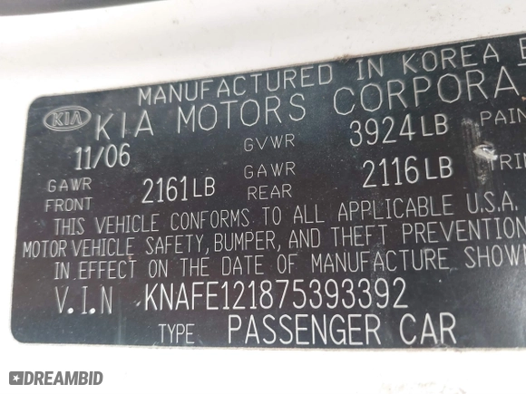 2007 Kia Spectra EX with VIN KNAFE121875393392, listed as a IAAI auction lot 41893653 with 158,913 mi miles. Bid and sale history available at carsss.com. Image 9.