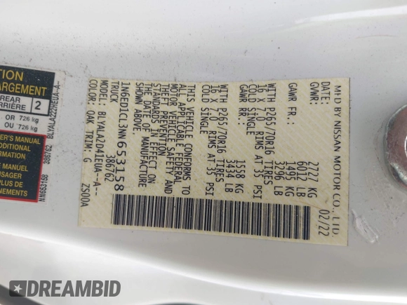 2022 Nissan Frontier S z VIN 1N6ED1CL3NN653158, wystawiony jako IAAI lot #42577134 z przebiegiem 29 543 mil mil oraz . Historia ofert i sprzedaży dostępna na DreamBid. Obrazek 9.