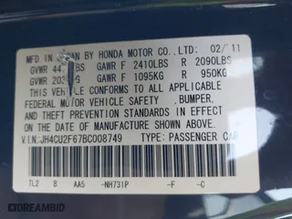 2011 Acura TSX with VIN JH4CU2F67BC008749, listed as a IAAI auction lot 39991175 with 151,176 mi miles. Bid and sale history available at carsss.com. Image 9.