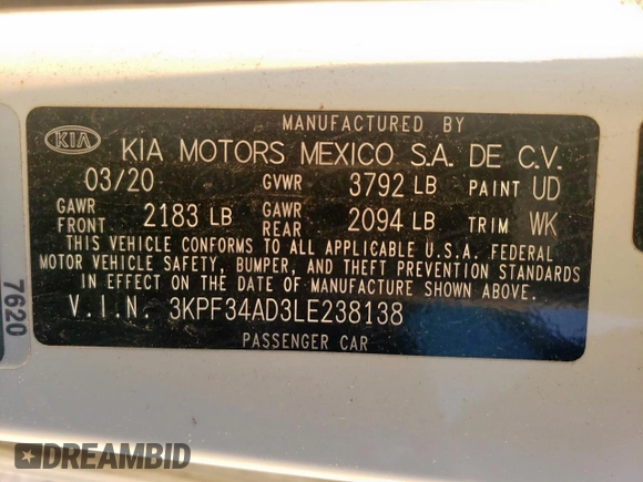 2020 Kia Forte GT-Line with VIN 3KPF34AD3LE238138, listed as a Copart auction lot 54013735 with 100,396 mi miles and Salvage Title. Bid and sale history available at DreamBid. Image 12.