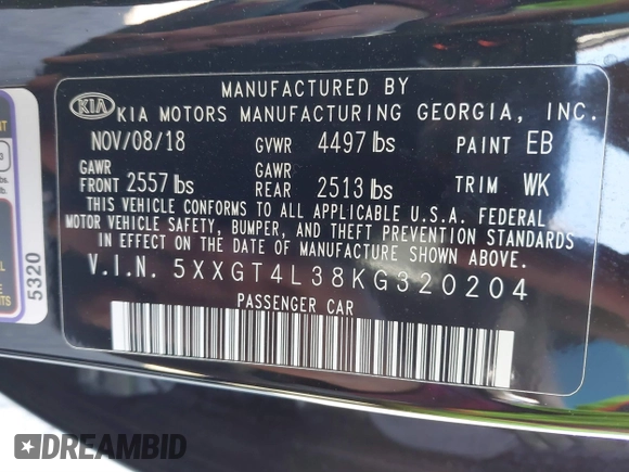 2019 Kia Optima LX with VIN 5XXGT4L38KG320204, listed as a IAAI auction lot 41400608 with 64,795 mi miles. Bid and sale history available at carsss.com. Image 9.