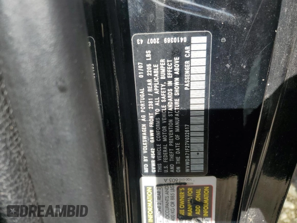 2007 Volkswagen Eos 2.0T с VIN WVWDA71F27V032617, выставлен на аукционе Copart как лот 56394925 с пробегом 137 051 миль миль и Чистый • Clean title. История ставок и продаж доступна на DreamBid. Изображение 13.