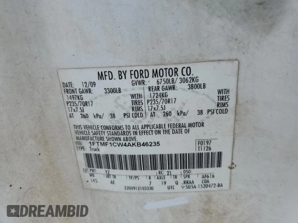 2010 Ford F-150 XL with VIN 1FTMF1CW4AKB46235, listed as a Copart auction lot 56931335 with 117,402 mi miles and Salvage title. Bid and sale history available at DreamBid. Image 13.