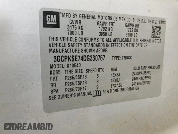 2013 Chevrolet Silverado 1500 LT with VIN 3GCPKSE74DG330767, listed as a Copart auction lot 49609515 with 252,108 mi miles and Salvage Title. Bid and sale history available at DreamBid. Image 14.