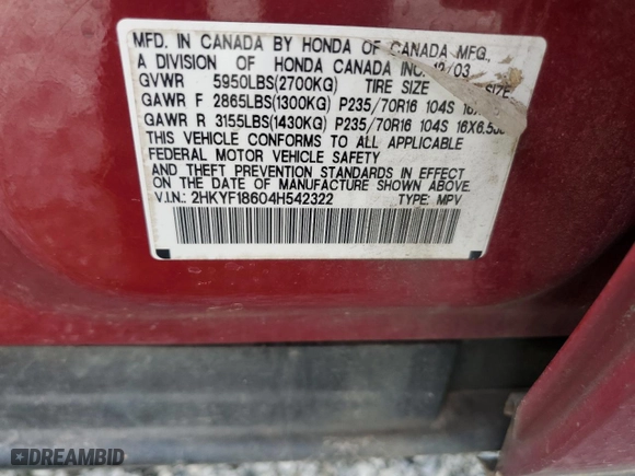 2004 Honda Pilot EX with VIN 2HKYF18604H542322, listed as a Copart auction lot 44410625 with 289,378 mi miles and Salvage Title. Bid and sale history available at carsss.com. Image 13.
