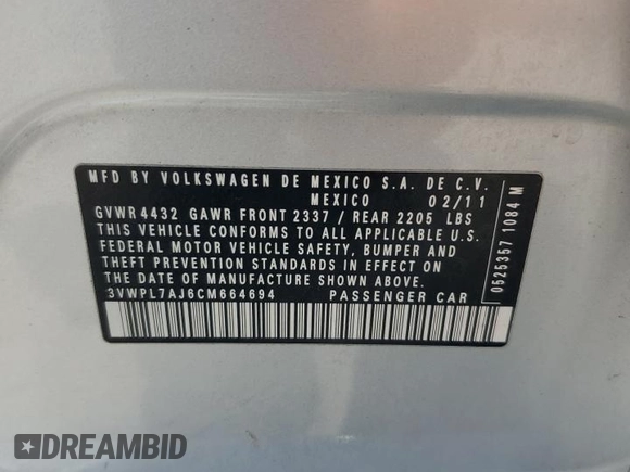 2012 Volkswagen Jetta TDI w/Sunroof & Nav with VIN 3VWPL7AJ6CM664694, listed as a Copart auction lot 60086895 with 144,780 mi miles and Clean title. Bid and sale history available at DreamBid. Image 12.