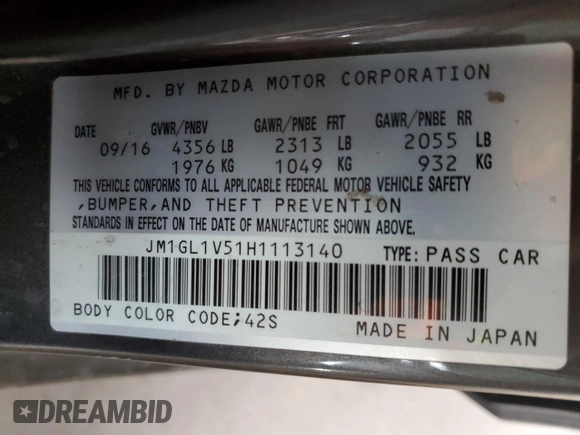 2017 Mazda Mazda6 Touring with VIN JM1GL1V51H1113140, listed as a Copart auction lot 45106885 with 163,352 mi miles and Salvage Title. Bid and sale history available at carsss.com. Image 12.