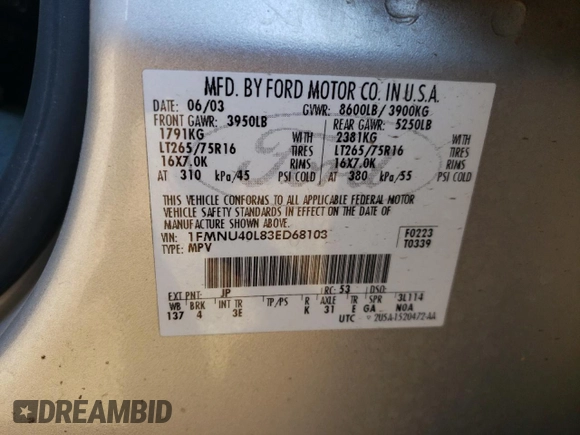 2003 Ford Excursion Special Serv z VIN 1FMNU40L83ED68103, wystawiony jako Copart lot #83191034 z przebiegiem 282 481 mil mil oraz Szkoda całkowita • Salvage title. Historia ofert i sprzedaży dostępna na DreamBid. Obrazek 13.