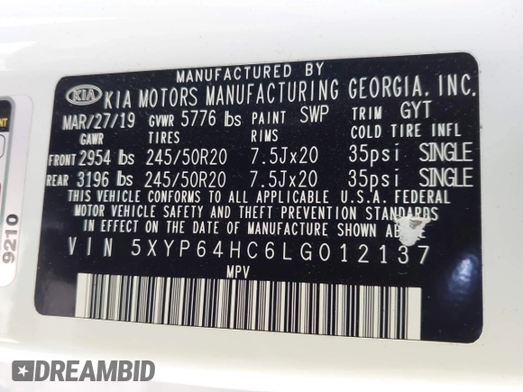 2020 Kia Telluride S with VIN 5XYP64HC6LG012137, listed as a IAAI auction lot 41920327 with 95,829 mi miles and . Bid and sale history available at DreamBid. Image 9.