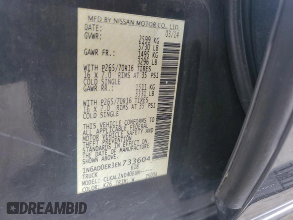 2014 Nissan Frontier SV with VIN 1N6AD0ER3EN733604, listed as a Copart auction lot 55972425 with 91,263 mi miles and Salvage title. Bid and sale history available at DreamBid. Image 12.