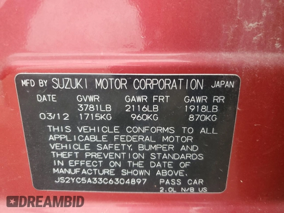 2012 Suzuki SX4 LE z VIN JS2YC5A33C6304897, wystawiony jako Copart lot #55567505 z przebiegiem 42 968 mil mil oraz Szkoda całkowita • Salvage title. Historia ofert i sprzedaży dostępna na DreamBid. Obrazek 12.