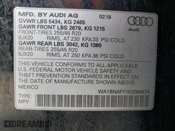 2019 Audi Q5 Premium Plus with VIN WA1BNAFY1K2066474, listed as a Copart auction lot 55481595 with 70,268 mi miles and Salvage title. Bid and sale history available at DreamBid. Image 13.
