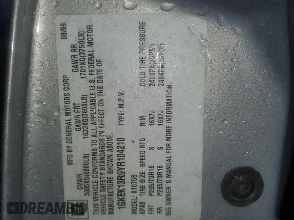 2000 GMC Denali z VIN 1GKEK13R9YR104210, wystawiony jako Copart lot #85599964 z przebiegiem 1 548 394 mil mil oraz Szkoda całkowita • Salvage title. Historia ofert i sprzedaży dostępna na DreamBid. Obrazek 15.