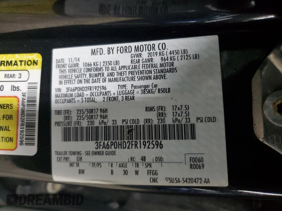 2015 Ford Fusion SE with VIN 3FA6P0HD2FR192596, listed as a Copart auction lot 54826595 with 144,397 mi miles and Clean Title. Bid and sale history available at carsss.com. Image 12.