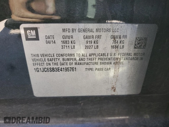 2014 Chevrolet Sonic LT with VIN 1G1JC6SB3E4195761, listed as a Copart auction lot 48679895 with 76,350 mi miles and Salvage Title. Bid and sale history available at carsss.com. Image 13.
