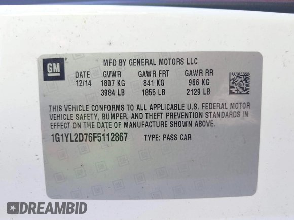2015 Chevrolet Corvette Z51 3LT with VIN 1G1YL2D76F5112867, listed as a IAAI auction lot 39194815 with 64,225 mi miles. Bid and sale history available at carsss.com. Image 18.