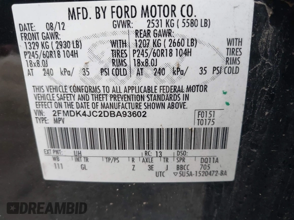 2013 Ford Edge SEL with VIN 2FMDK4JC2DBA93602, listed as a IAAI auction lot 40493894 with 141,790 mi miles. Bid and sale history available at carsss.com. Image 9.