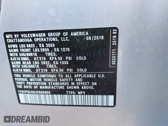 2018 Volkswagen Atlas SE with VIN 1V2CP2CA6JC595850, listed as a IAAI auction lot 41344485 with 86,469 mi miles and . Bid and sale history available at DreamBid. Image 9.