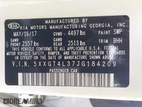 2018 Kia Optima LX with VIN 5XXGT4L37JG184209, listed as a IAAI auction lot 41905891 with 109,931 mi miles. Bid and sale history available at carsss.com. Image 9.