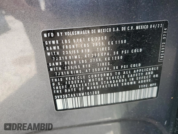 2022 Volkswagen Tiguan SE с VIN 3VV3B7AX1NM101288, выставлен на аукционе Copart как лот 54882085 с пробегом 16 095 миль миль и Списание • Salvage title. История ставок и продаж доступна на DreamBid. Изображение 13.