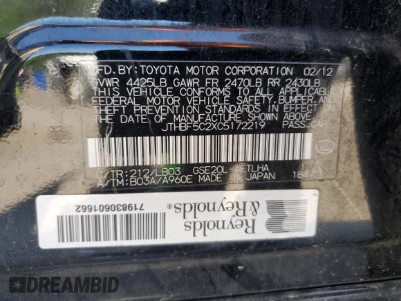 2012 Lexus IS 250 with VIN JTHBF5C2XC5172219, listed as a Copart auction lot 52424535 with 214,450 mi miles and Salvage title. Bid and sale history available at DreamBid. Image 13.