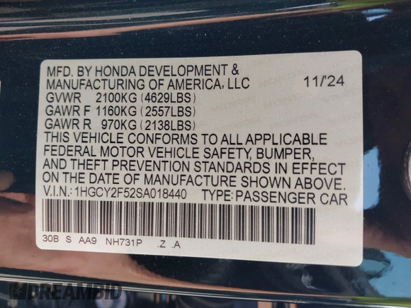 2025 Honda Accord Sport with VIN 1HGCY2F52SA018440, listed as a IAAI auction lot 42284525 with 3,973 mi miles and . Bid and sale history available at DreamBid. Image 9.