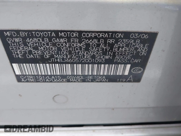 2007 Lexus ES with VIN JTHBJ46G572001093, listed as a IAAI auction lot 42214855 with 285,880 mi miles. Bid and sale history available at carsss.com. Image 9.