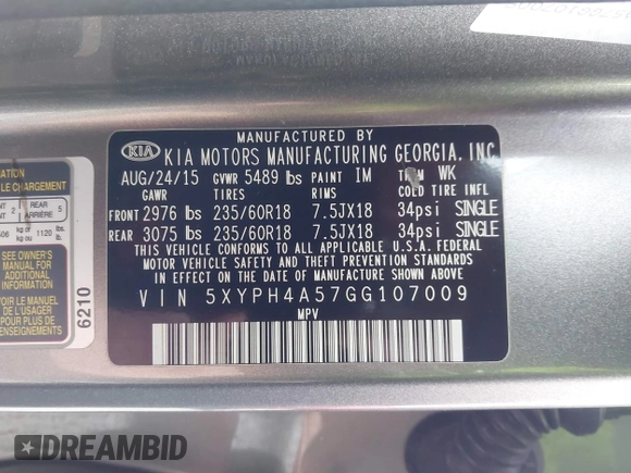 2016 Kia Sorento EX with VIN 5XYPH4A57GG107009, listed as a IAAI auction lot 40882550 with 163,329 mi miles. Bid and sale history available at carsss.com. Image 9.