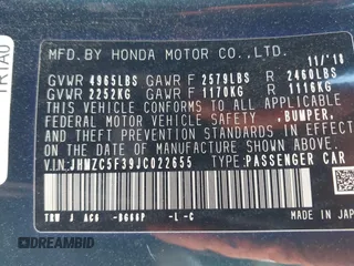 2018 Honda Clarity Touring with VIN JHMZC5F39JC022655, listed as a IAAI auction lot 42149002 with 118,913 mi miles. Bid and sale history available at carsss.com. Image 9.