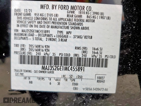 2021 Ford EcoSport SE z VIN MAJ3S2GE1MC455891, wystawiony jako Copart lot #57726405 z przebiegiem 18 624 mil mil oraz Szkoda całkowita • Salvage title. Historia ofert i sprzedaży dostępna na DreamBid. Obrazek 13.