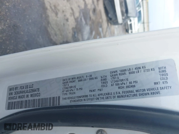 2020 Ram 2500 Tradesman z VIN 3C6UR4HL4LG266478, wystawiony jako IAAI lot #42508474 z przebiegiem 125 048 mil mil oraz . Historia ofert i sprzedaży dostępna na DreamBid. Obrazek 9.