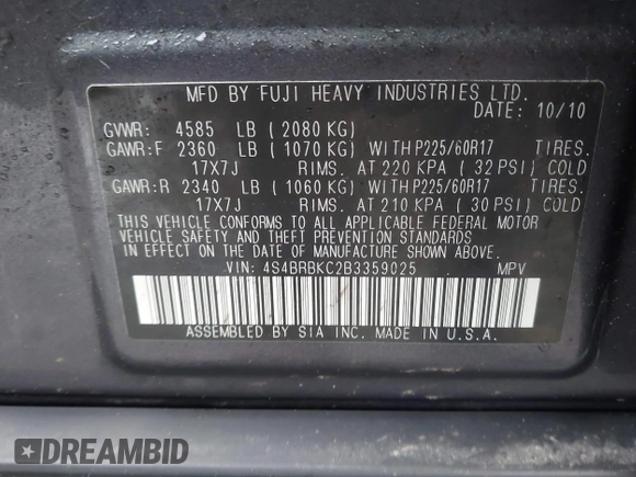 2011 Subaru Outback 2.5i Limited Pwr Moon with VIN 4S4BRBKC2B3359025, listed as a IAAI auction lot 42188900 with 196,382 mi miles. Bid and sale history available at carsss.com. Image 9.