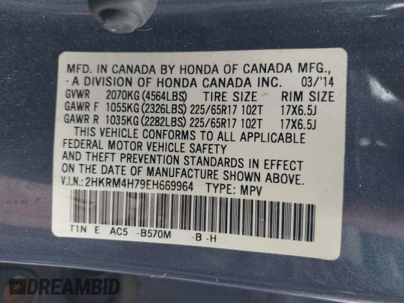2014 Honda CR-V EX-L with VIN 2HKRM4H79EH669964, listed as a IAAI auction lot 41846286 with 170,671 mi miles. Bid and sale history available at carsss.com. Image 9.