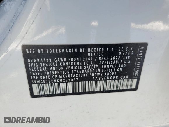 2019 Volkswagen Jetta S with VIN 3VWC57BU9KM232097, listed as a Copart auction lot 45952825 with 40,920 mi miles and Salvage title. Bid and sale history available at DreamBid. Image 12.