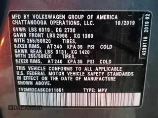 2019 Volkswagen Atlas SEL with VIN 1V2MR2CA5KC611651, listed as a Copart auction lot 86368654 with 54,066 mi miles and Salvage title. Bid and sale history available at DreamBid. Image 15.