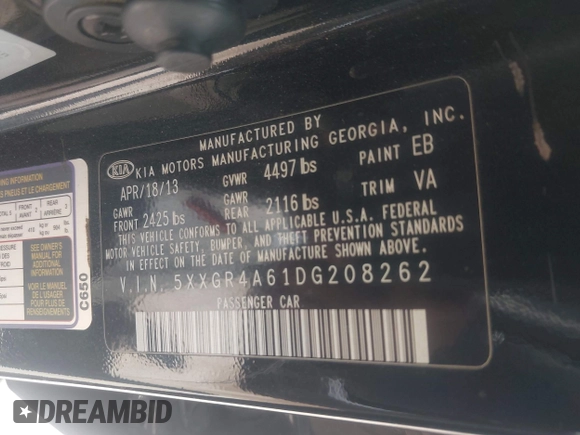 2013 Kia Optima SX with VIN 5XXGR4A61DG208262, listed as a IAAI auction lot 42478895 with 229,916 mi miles and . Bid and sale history available at DreamBid. Image 9.