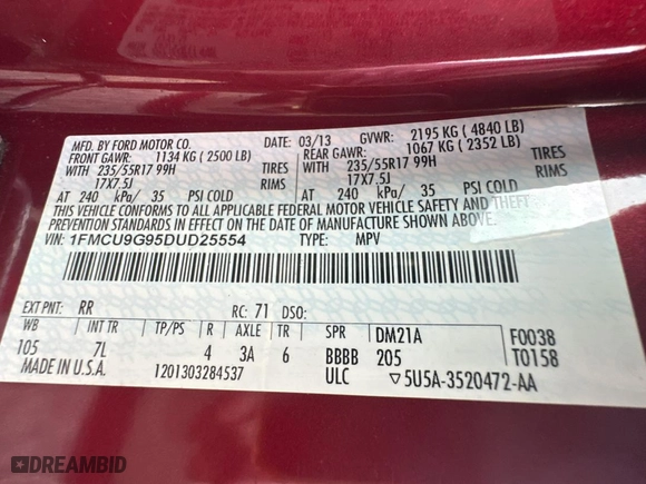 2013 Ford Escape SE with VIN 1FMCU9G95DUD25554, listed as a Copart auction lot 76806584 with 999,999 mi miles and Clean Title. Bid and sale history available at carsss.com. Image 10.