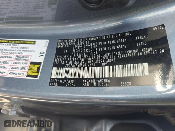 2022 Toyota Corolla Cross L with VIN 7MUAAAAG8NV017626, listed as a IAAI auction lot 42566409 with 49,073 mi miles and . Bid and sale history available at DreamBid. Image 21.