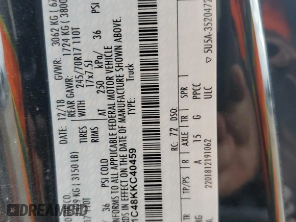 2019 Ford F-150 XL with VIN 1FTEW1C48KKC40459, listed as a Copart auction lot 43650535 with 106,767 mi miles and Salvage Title. Bid and sale history available at DreamBid. Image 12.
